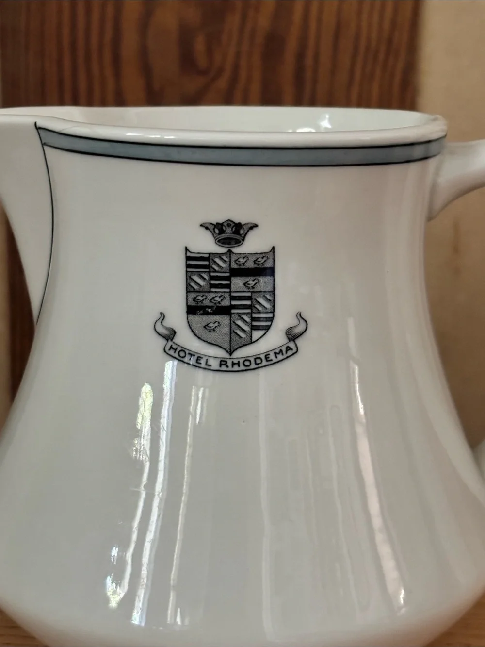 White Ceramic Creamer Pitcher-Hotel Rhodema-Syracuse China-6” tall